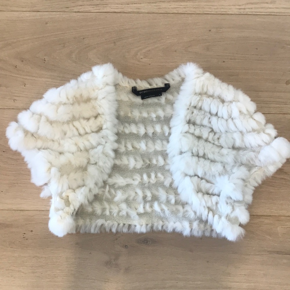 BCBG white rabbit fur bolero